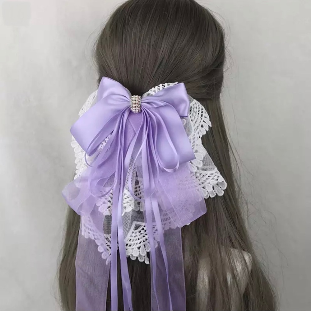 Lavender - Long Oversized Satin & Lace Bow French Barrette Hair Clip